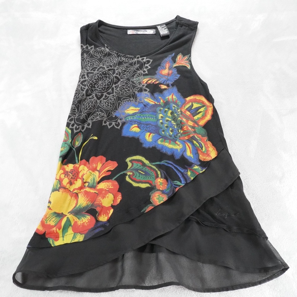 Desigual Artwear Tunic Top Womens S Black Sleeveless Layered Floral Boho India